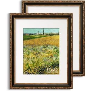 16x20 Picture Frame, Ornate Embossing Frame with Paper Mat and Plexiglass, Fit for 16x20 without Mat or 11x14 with Mat, Wall Mounting Display for Art Prints, Black and Antique Gold, 2 Pack
