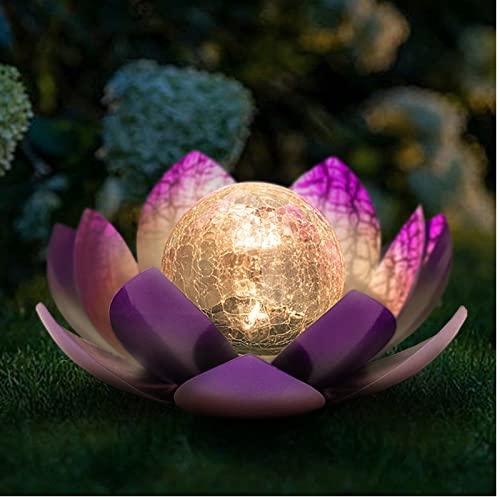 Huaxu Solar Lights Outdoor Decor Purple Lotus Waterproof LED Crackle Globe Glass Metal Flower Decorations for Garden Patio Yard Porch Pathway Ground Tabletop