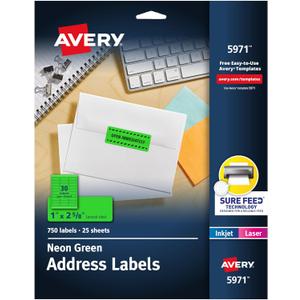 Avery Printable Address Labels with Sure Feed, 1" x 2-5/8", Neon Green, Laser & Inkjet Compatible, 750 Blank Labels Total, Great for Branding, Mailing, Organizing, and More (5971)