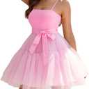 Kaei&Shi Poofy Short Tulle Dress,Spaghetti Strap Semi Formal Dresses for Women,Elegant Birthday Outfit Homecoming Cocktail (Large, Pink)
