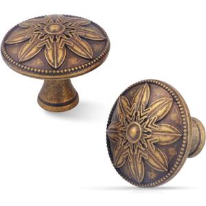 4 Pack Antique Brass Cabinet Knobs Vintage Dresser Knobs Drawer Knobs,1.4" Round Vintage Kitchen Cabinet Knobs Handles for Cabinets and Dresser Drawers Rustic
