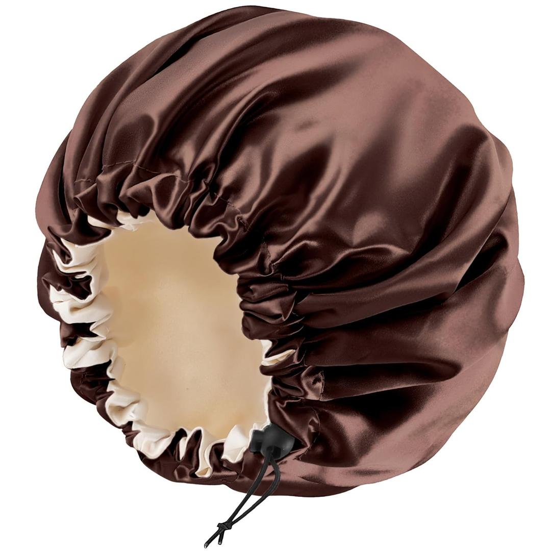 Satin Silk Bonnet For Curly Hair Bonnet Braid Bonnet For Sleeping Bonnets For Women Large Double-layer Adjustable (Brown)