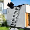 12 Steps Wall-Mounted Folding Stairs for Attic, Attic Ladder Pull Down System with Retractable Handrail& Pull Rod, Anti-Slip Steps, Attic Stairs for Home(Black, Applicable Height 9.6-10ft)