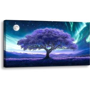 crmotu Tree of Life Large Wall Art, Space Fantasy Landscape Canvas Painting, Purple Tree Abstract Art Prints, Modern Aurora Scenery Pictures Wall Decor Living Room Bedroom Bathroom Office 20X40in (40L" x 20W")
