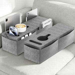 Couch Armrest Caddy with Cup Holder, Portable Sofa Armrest Pillow Drink Holder Table Tray with 5 Large Side Storage Pockets, Portable Sofa Rrmrest for Reading & Bed Rest Pillows armrest couch- 2 Packs (Gray)