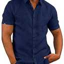 Pengfei Mens Short Sleeve Shirts Linen Cotton Button Down Tees Spread Collar Plain Shirts Navy  (Medium)