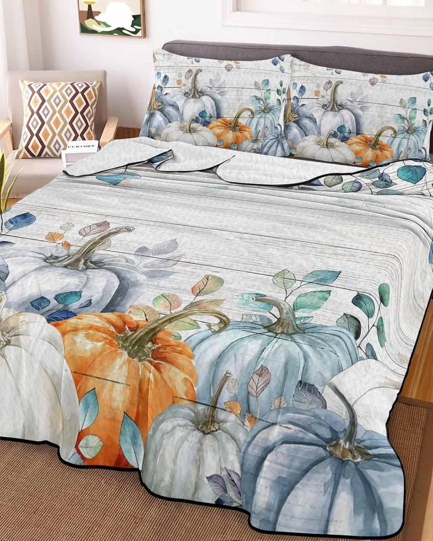 Autumn Thanksgiving Pumpkin Blue Leaf King Quilt Bedding Set,Summer Quilt Lightweight Quilted Coverlet with 2 Pillow Shams, Fall Harvest on Wooden Grain 3-Piece Bedspread Quilt Set for All Season (96x106in, Blue and Burnt Orange)