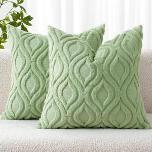 MIULEE Sage Green Throw Pillow Covers 18x18 Inch, Soft Spring Plush Faux Wool Couch Pillow Covers Set of 2 Decorative Farmhouse Boho Throw Pillows for Sofa Living Room Bed