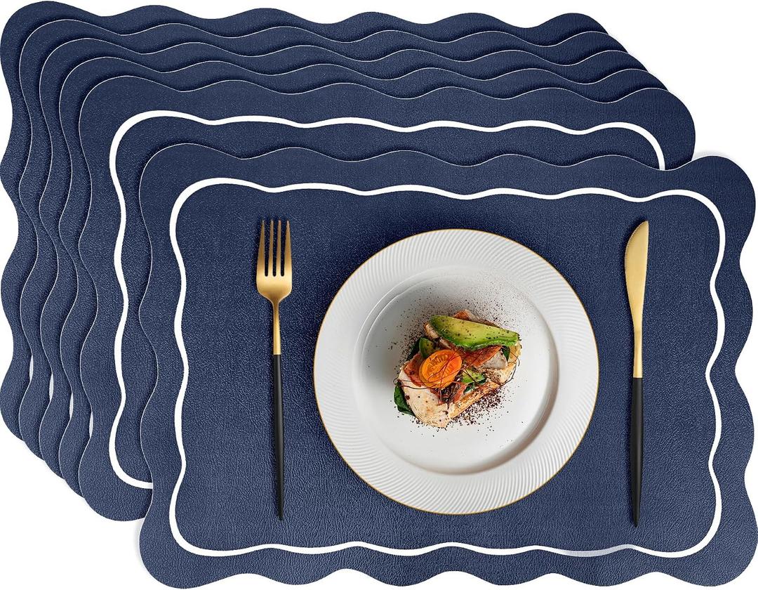Faux Leather Placemats Set of 6, 12 x 17 Inch Scalloped Table Mats Waterproof Oil-Proof Heat Resistant Wipeable PU Place Mats for for Kitchen, Dining, Outdoor (Dark Blue)