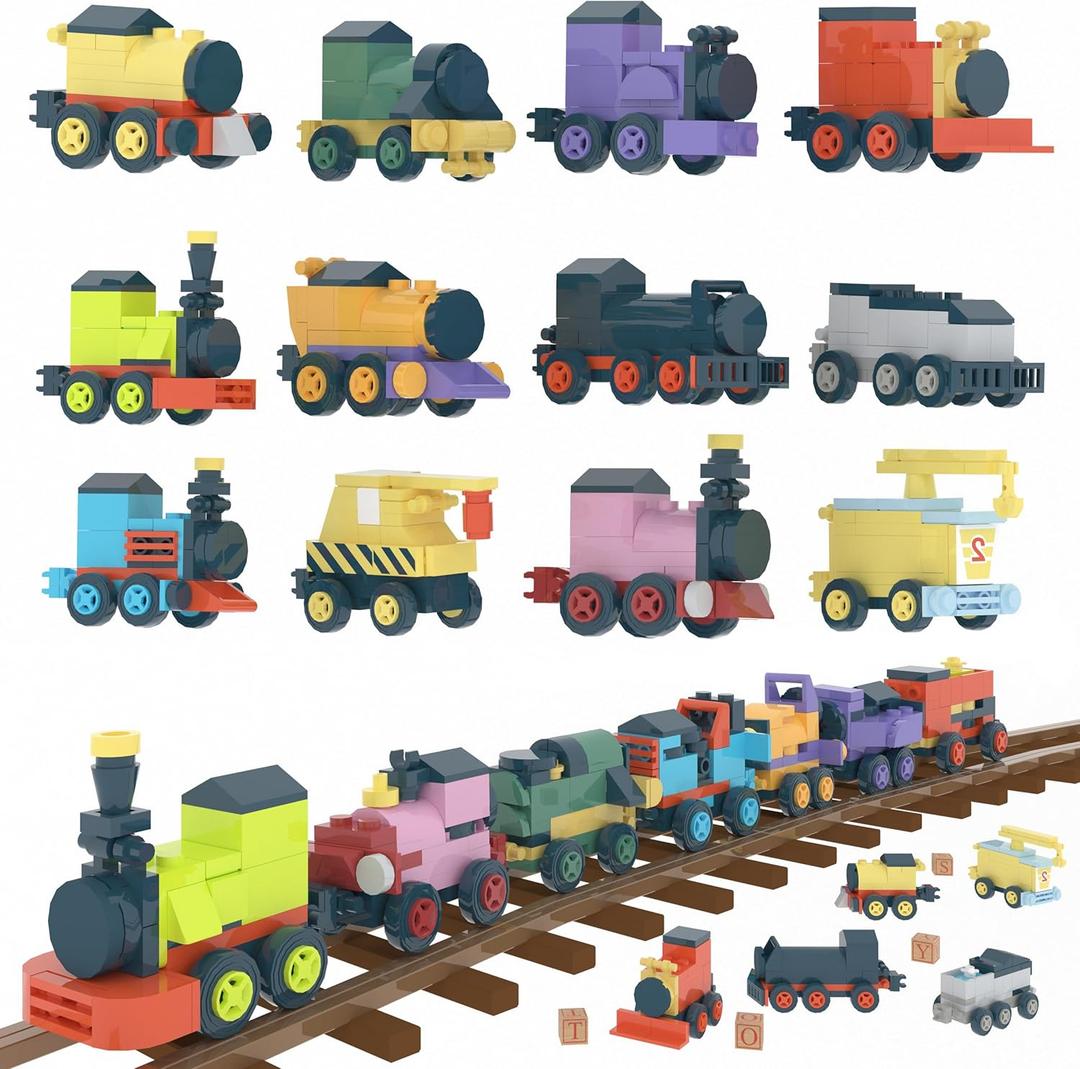 Party Favors for Kids - 12 Pack Trains Building Blocks Toy for Easter Gifts Goodie Bags Classroom Prizes Stocking Stuffers Building Set Valentines Day Birthday Gift for Boy Girl Ages 6-12+