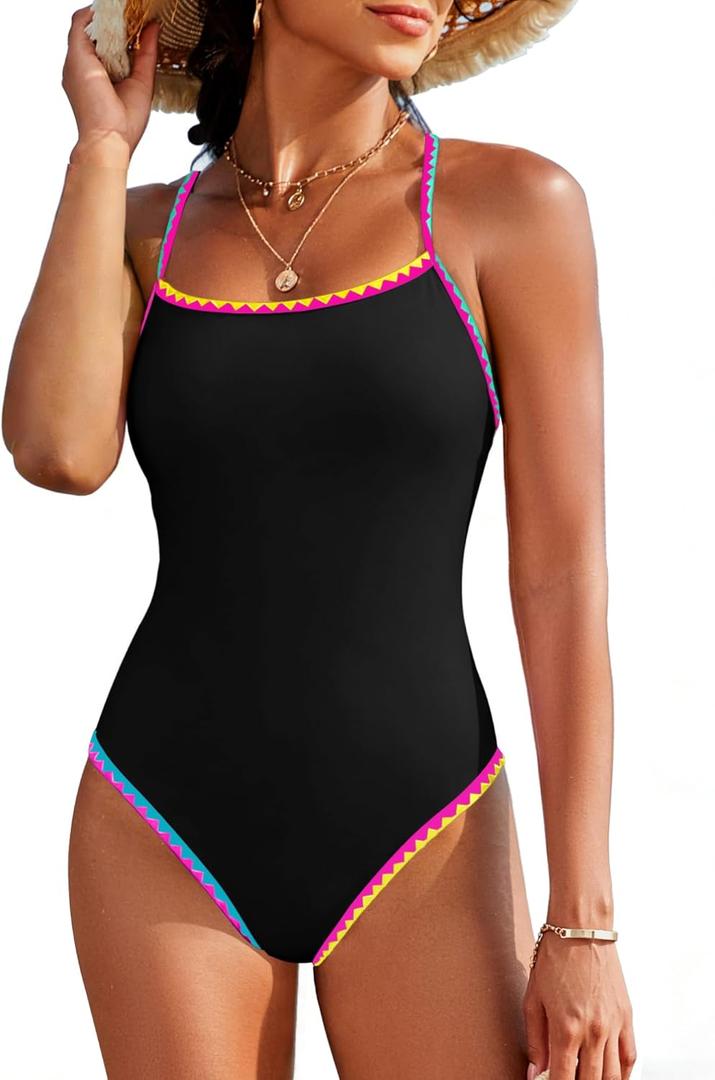 Jolefille Womens One Piece Swimsuit Tummy Control Modest Bathing Suit Teen Girls Swim Suit Cute Floral Swimwear (Large, Black Bathing Suits)