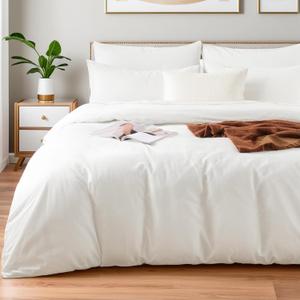 NEXHOME PRO Duvet Cover Set Oversized Queen 98"x98" Linen Look Textured White Organic Natural 100% Washed Cotton Duvet Cover 3 Pieces Bedding Set Zipper Closure, Breathable, Soft (No Comforter)