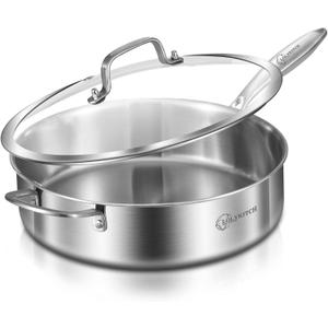 LOLYKITCH 6 QT Tri-Ply Stainless Steel Saut Pan with Lid,Deep Frying Pan,Large Skillet,Jumbo Cooker,Induction Cooking Pan,Oven Safe and Detachable Handle. (6QT/Long Handle)