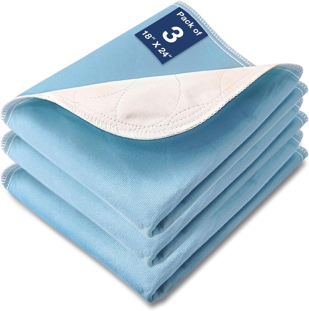 Washable Waterproof Underpads, 18" x 24" (3 Pack) Heavy Absorbency Reusable Incontinence Pads for Crib, Bassinet, Chair, Car Seat, Sofa, Wheelchair