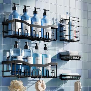 5-Pack Rustproof Stainless Steel Shower Caddy Set  No Drill Adhesive Bathroom Organizer, Space-Saving Shower Shelves for Apartment Essentials, Bathroom/Kitchen Storage & Rent-Friendly Home Decor (Black)