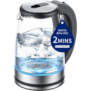 Electric Kettle Glass 2L, 1500W Fast Boiling Hot Water Boiler with Auto Shut-Off, LED Light, BPA-Free, Borosilicate Glass, Stainless Steel Interior, Wide Opening, Cordless Tea Kettle
