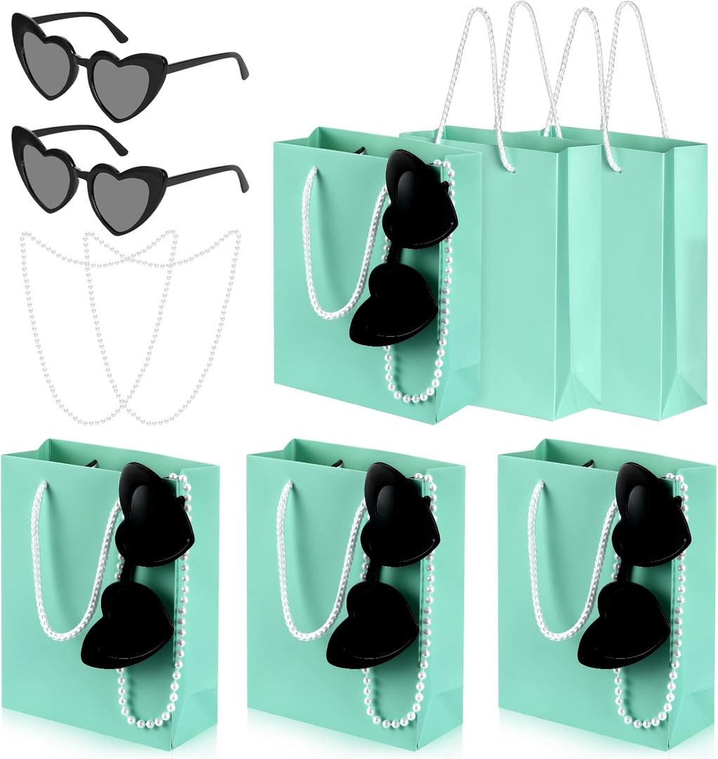 XUWAIDSGN 18 Pieces Blue Party Favor Gift Bags Set 6 Pieces Blue Merchandise Paper Gift Bags with Handles 6 Pcs Pearl Necklace 6 Pcs Retro Heart Sunglasses for Turquoise Party Favors