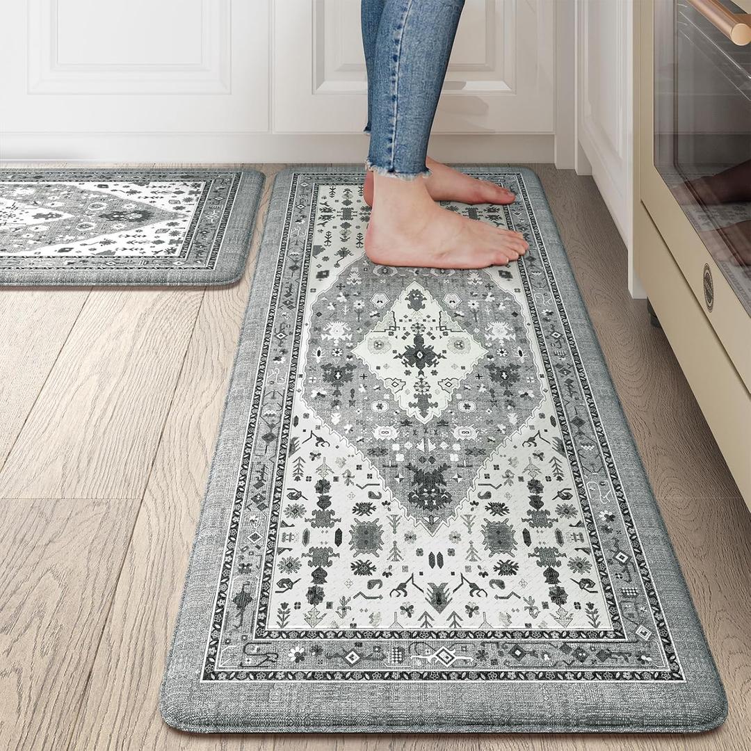 Collive Boho Kitchen Rugs and Mats 2PCS, Cushioned Anti Fatigue Kitchen Mats for Floor Waterproof Non Slip Comfort Foam Standing Mat for Kitchen,Office,Sink,Laundry,17.3''x29''+17.3''x47''