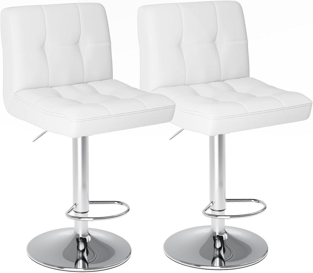 Sweetcrispy Bar Stools Set of 2, Armless PU Leather Adjustable Swivel Barstools, Hydraulic Kitchen Counter Height Thickened Seat Cushion Square Island Countertop Chairs with Back, White