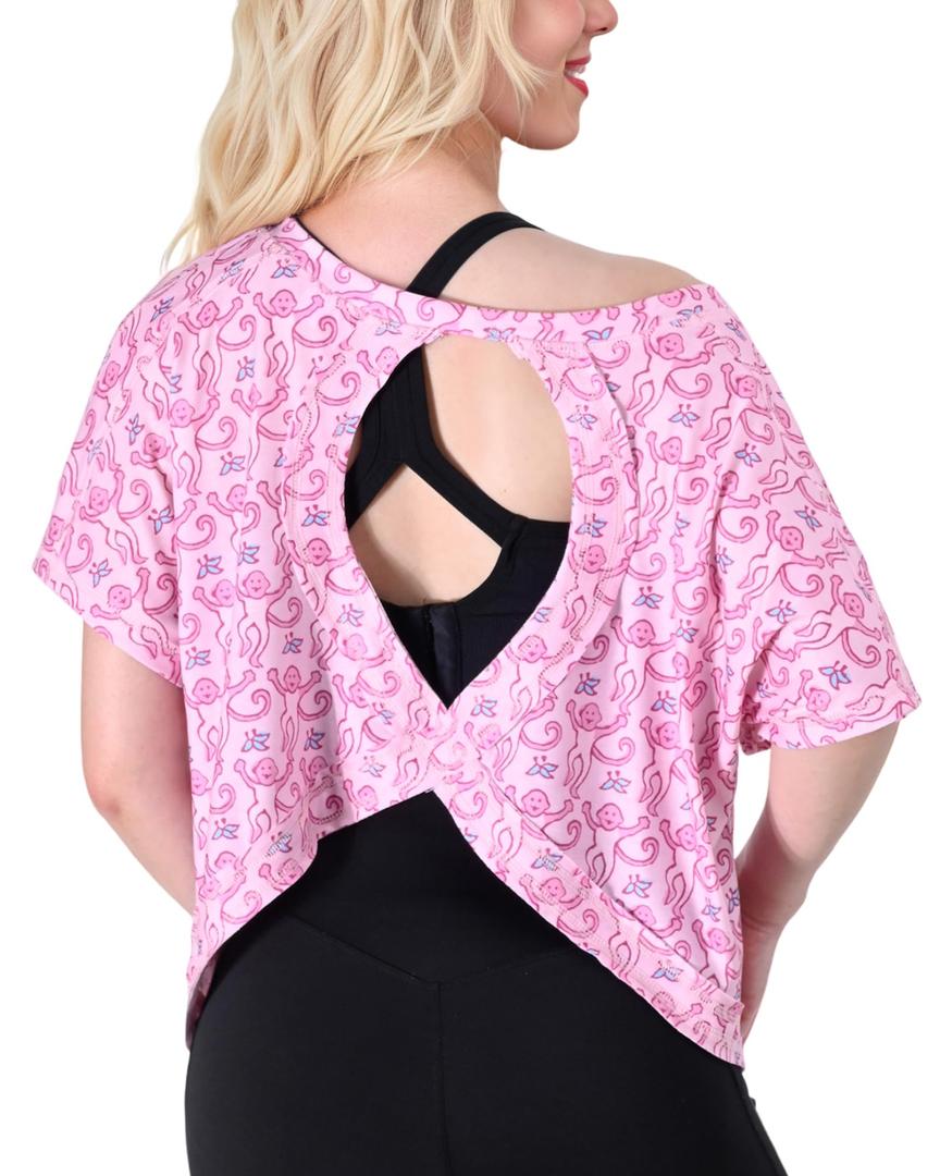 FOTN Open Back Workout Tops for Women 2025 Backless Short Sleeve Athletic Shirt Loose Fit for Running Yoga Gym Slouchy Tennis