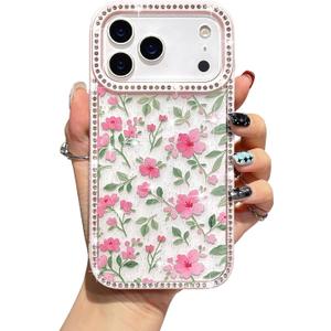 EYZUTAK Flower Case for iPhone 17 Pro Max, Bling Glitter Rhinestone Phone Case with Luxury Sparkly Diamond Edge Shiny Glossy Floral Anti-Scratch Clear TPU Shockproof Bumper Cover for Women-Pink