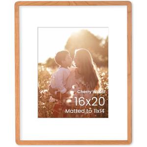 16x20 Frame, Natural Solid Cherry Wood 16"x20" Poster Frame, Rounded Corner 16 x 20 Wood Frame with Mat for 11x14, 16 by 20 Picture Frame HD Tempered Glass, Wall or Tabletop Display, 1 Pack