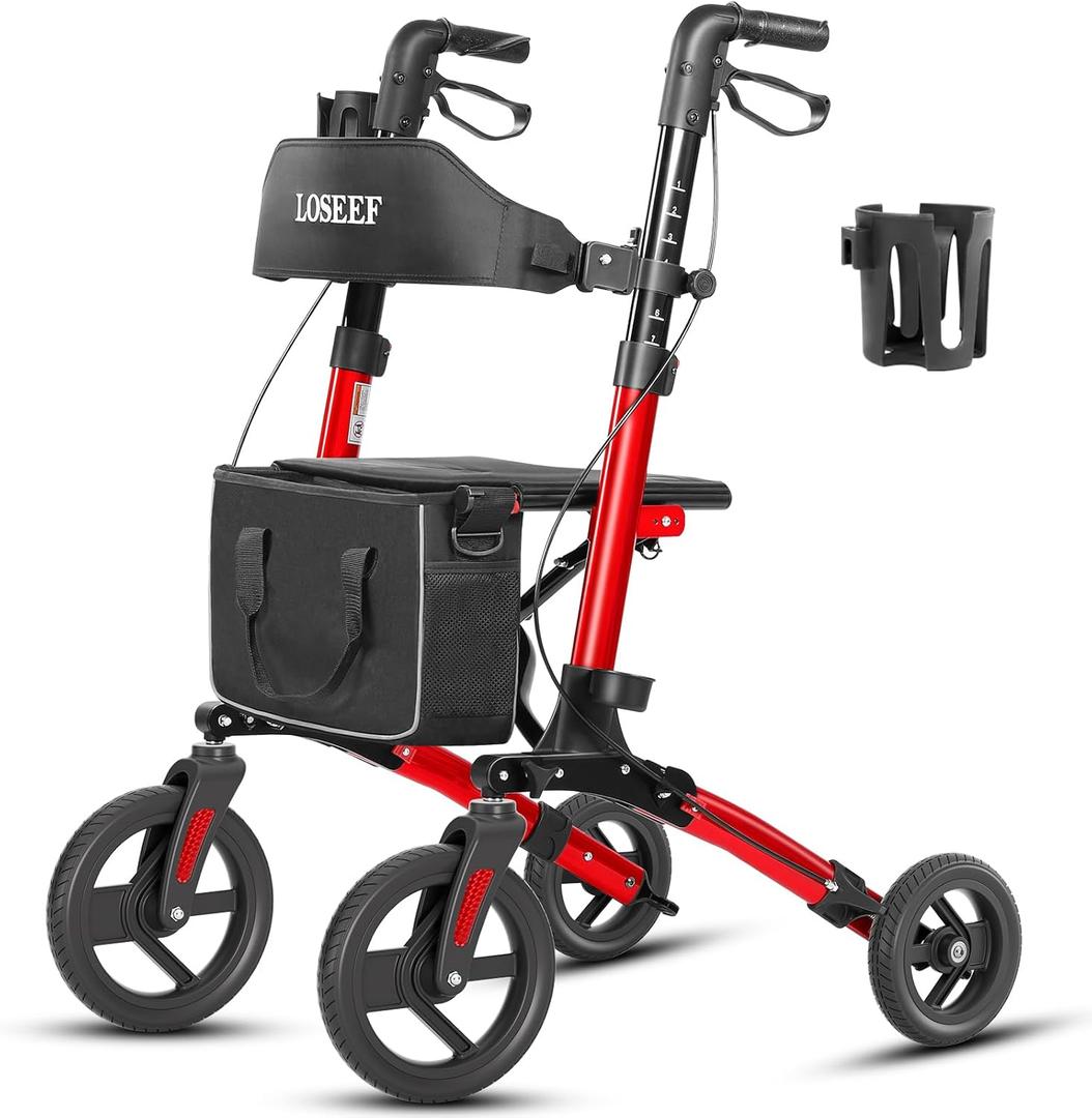 Foldable Rollator Walker with 10 Front Rubber Wheels, All-Terrain Rollator Walker with Seat, Adjustable Backrest and Handles, 350 Lb, Cup Holder, Lightweight 4 Wheel for Seniors Red