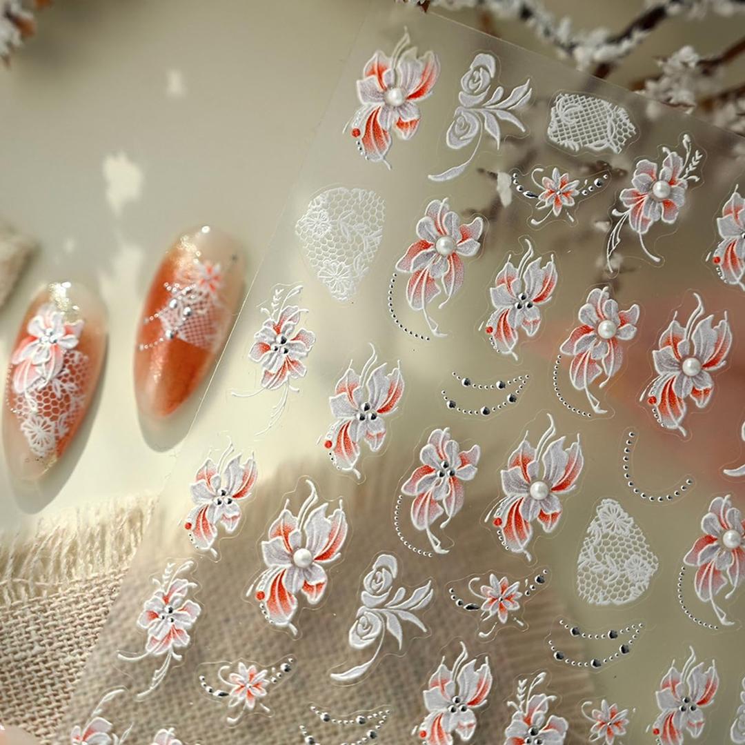 5D Embossed Flower Nail Stickers for Nail Art Floral Nail Art Stickers Self-Adhesive Pearls Nail Art Decals for Women Nail Supplies Art Design Stickers 1 Sheet