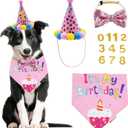 ADOGGYGO Dog Birthday Bandana Scarf and Dog Girl Birthday Party Hat with Cute Bow Tie for Medium Large Dog Pet (Large) (Pink)