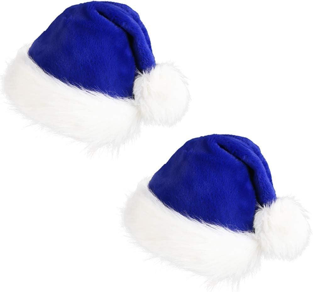 CCINEE Santa Hat for Adults, Blue Plush Santa Hats Velvet Christmas Hat for Holiday Home Decoration Party Supplies, Pack of 2