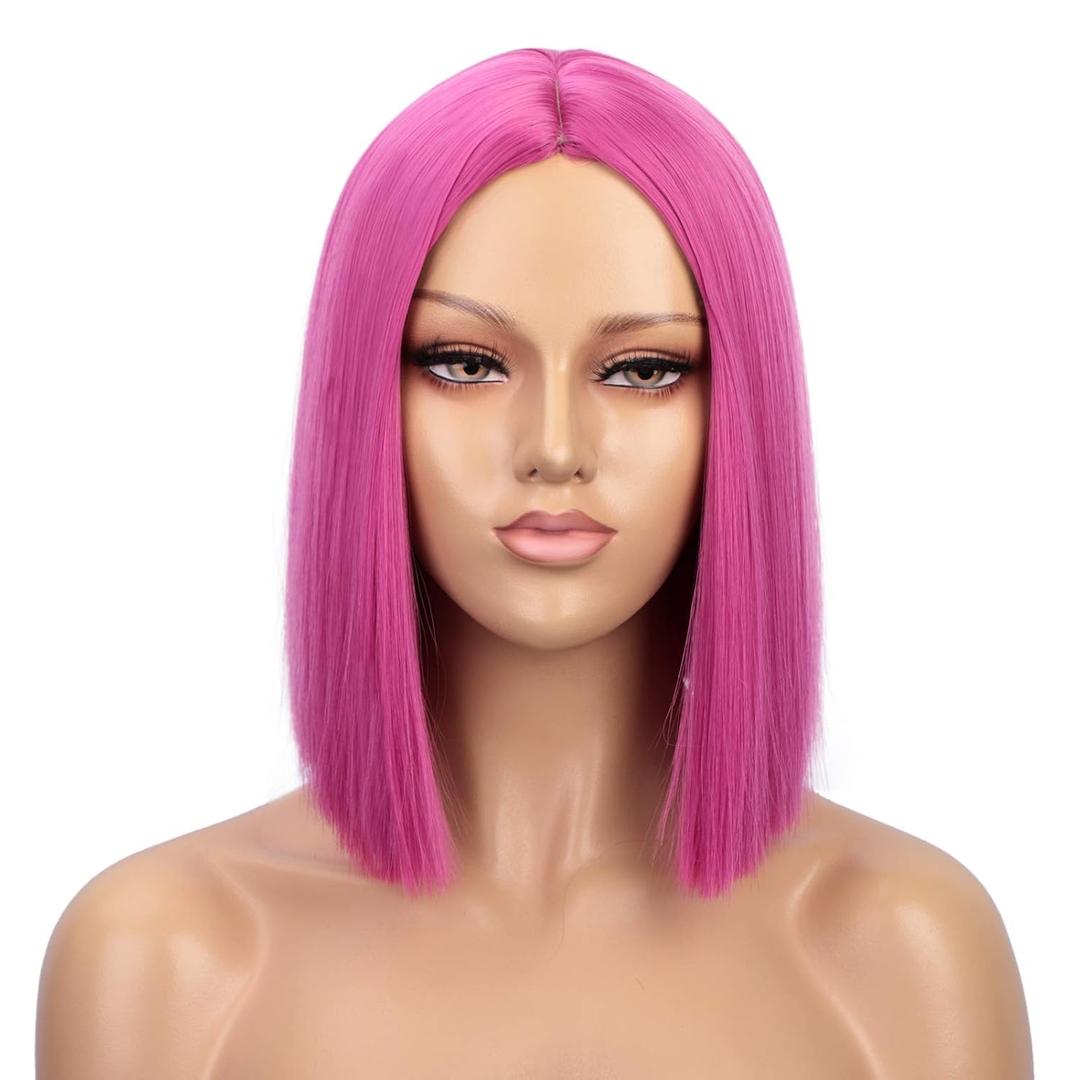 ENTRANCED STYLES Hot Pink Wig Short Straight Synthetic Hair 12Inch Colorful Wigs for Women Neon Pink Wig for Party Halloween Costume Cosplay