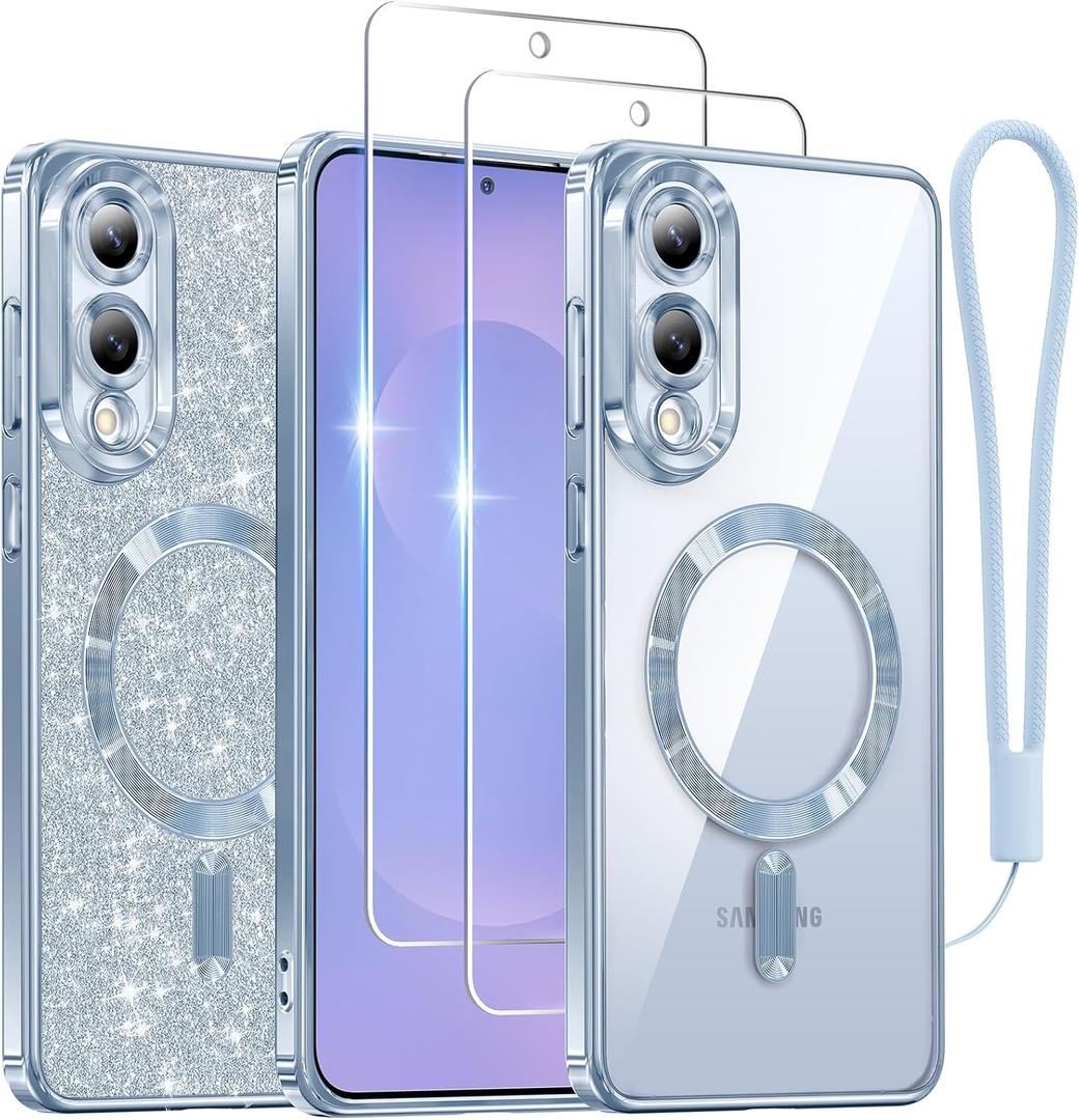 Meifigno Designed for Samsung Galaxy S25 Edge Case, [Compatible with MagSafe] [2X Screen Protectors] [Glitter Card & Wrist Strap] Surround Raised Lens Protection Slim Case for S25 Edge 6.7", Icyblue