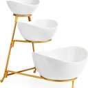 LAUCHUH 3 Tier Serving Stand Serving Dishes for Entertaining Porcelain Oval Fruit Bowl Set Tiered Serving Tray for Fruit, Vegetable, Nuts, Snack, Salad, Chip Dip Bowl Set for Valentine's Day, Gold