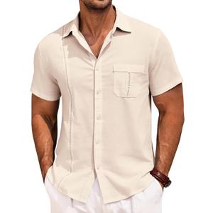 Runcati Mens Cuban Guayabera Shirts Button Down Short Sleeve Shirt Casual Mexican Summer Beach Wedding Tops with Pocket (Beige, S)