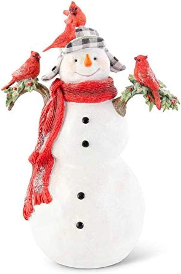 K&K Interiors 54383A 14 Inch Glittered Resin Snowman with 4 Cardinals, White and Red