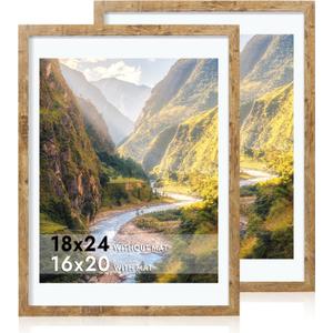 iRahmen 18x24 Picture Frame Set of 2, Rustic Brown Wood Poster Frame with Plexiglass, Display 16x20 Picture with Mat or 18 x 24 Without Mat for Photo Wall Gallery Mounting