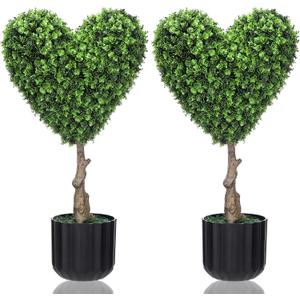2 Sets 23.62 Inches Artificial Heart Boxwood Topiary Outdoor, Valentine's Day Heart Shaped Topiary Trees, Faux Boxwood Outdoor Valentines Decoration with Planter Pots for Home Porch Decor