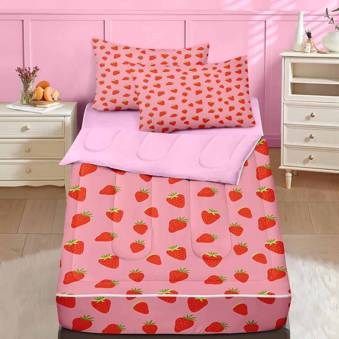Nesker Zipper Bedding Twin Sweet Pink Fruit Zip Up Bedding Set for Girls and Kids, Cute Strawberry 3 Pcs Comforter Bed in a Bag with Fitted Sheet and 2 Pcs Pillowcases