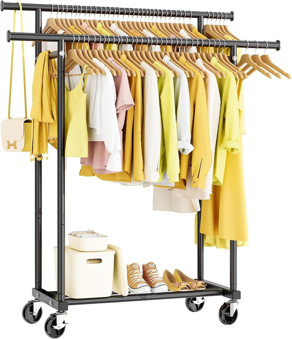 HYSEYY Double Rods Clothes Rack, Rolling Clothing Rack for Hanging Clothes Portable Wardrobe, Metal Garment Rack Sturdy Coat Rack for Bedroom Laundry Living Room, Black, 16.5"D x 44.3"W x 63"H