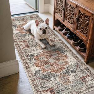 Washable Hallway Runner Rug 2x6 - Boho Rugs for Living Room Stain Resistant Carpet Vintage Tribal Rugs for Bedroom Kitchen Bathroom Non Slip Backing Home Decor Floor Decoration Mat 2x6 Brick