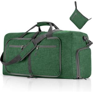 Vomgomfom 65L/85L/115L Foldable Travel Duffle Bag, Lightweight Checked Luggage with Shoe Compartment, Water-Resistant Weekender Overnight Bag for Men & Women (E Deep Green)