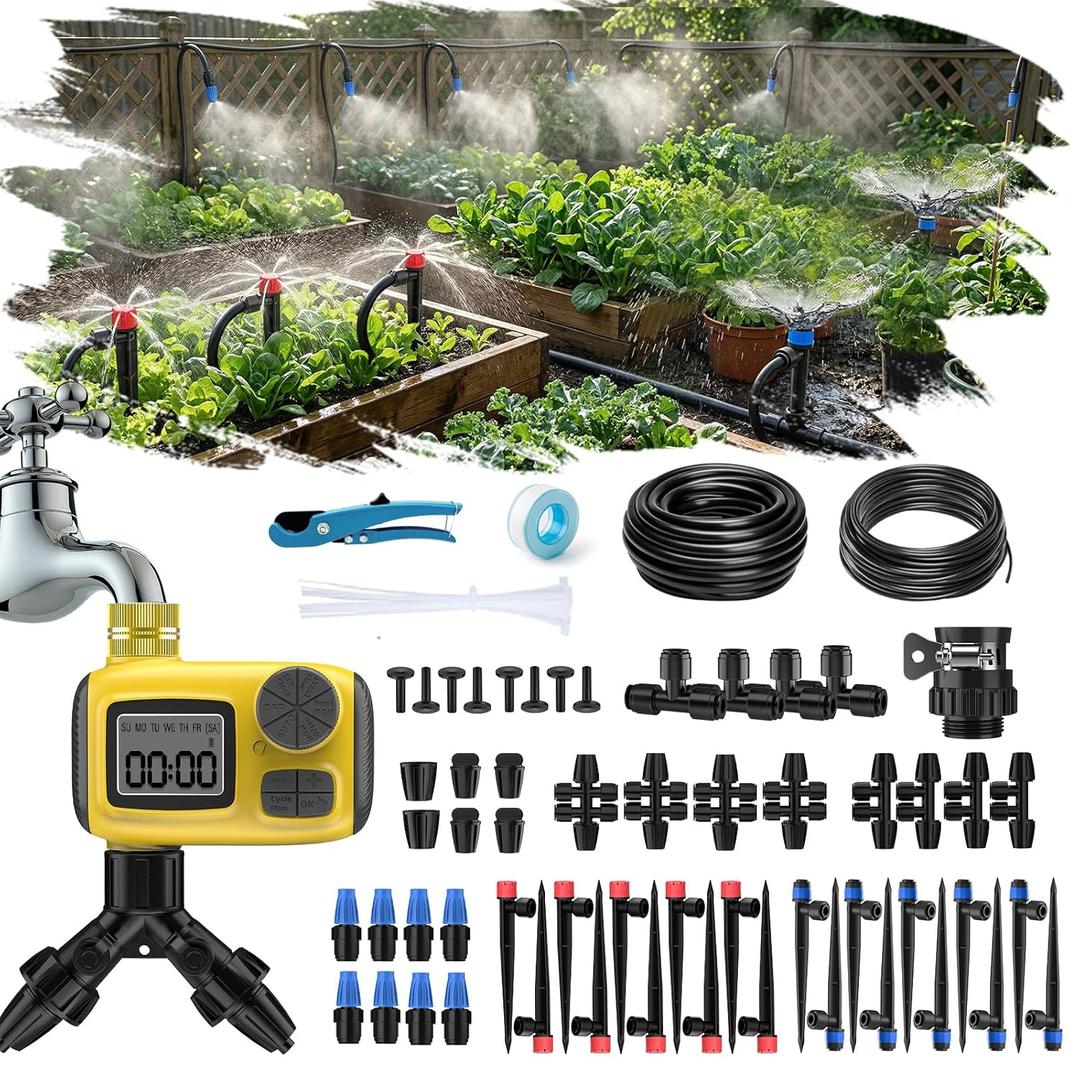 165FT Drip Irrigation System with Timer, Automatic DIY Garden Watering Kit with 1/2" & 1/4" Tubing, Solid Brass Connectors & Adjustable Sprayers for Plants, Garden, Lawn, Greenhouse, Raised Beds