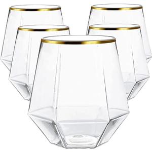TTFM 30 Count Diamond Shaped Plastic Stemless Wine Glasses | Champagne Wine Whiskey Glasses | Disposable Wine Glasses | Shatterproof | 12oz Disposable Glasses Cups For Parties (GOLD)