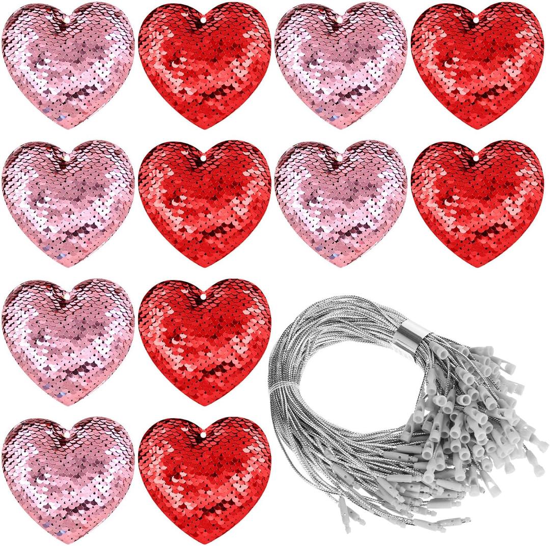 Gemscream 24 Pcs Valentine's Sequin Heart Hanging Ornaments Glitter Red Pink Valentines Tree Decorations Sparkly Hanging Decor for Xmas Valentine Wedding Holiday Party Supplies Gift