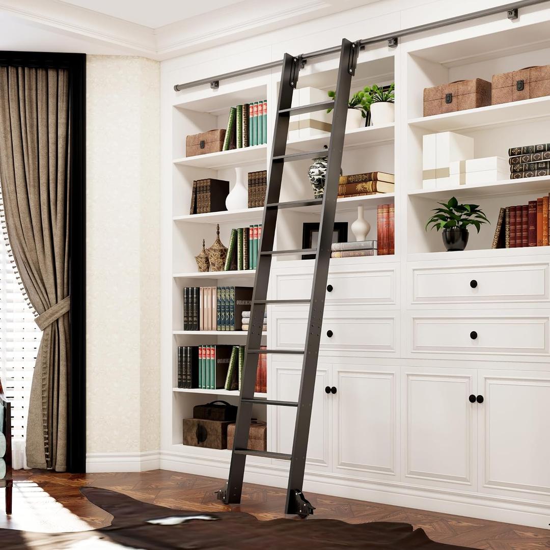 DIYHD 96" Lightweight Rolling Library Ladder with 4FT Sliding Rail, Black | 8-Step rolling ladder, Upright space-saving storage, Telescopic top hook, Locking bottom rollers, 300 lbs capacity