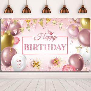 Sumind Happy Birthday Backdrop for Women Pink Birthday Decorations Banner for Girl Glitter Backdrop Sign Baby Shower Photo Booth, 72.8 x 43.3 Inch
