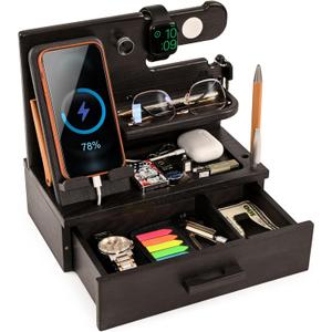 TESLYAR Wood Phone Docking Station with Drawer - Nightstand Organizer - Desk Organizer for Husband - Birthday Gifts for Men, Dad, Anniversary Idea, Key Holder Stand Watch & Accessories (Granite Black)