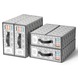 Yecaye 4 Pack Sheet Organizers and Storage with Clear Window and Label, Foldable Bed sheet Organizer for Linen Closet, Fabric Bedding Storage Box for Duvet Covers, Pillowcases, Queen & King Size, Grey