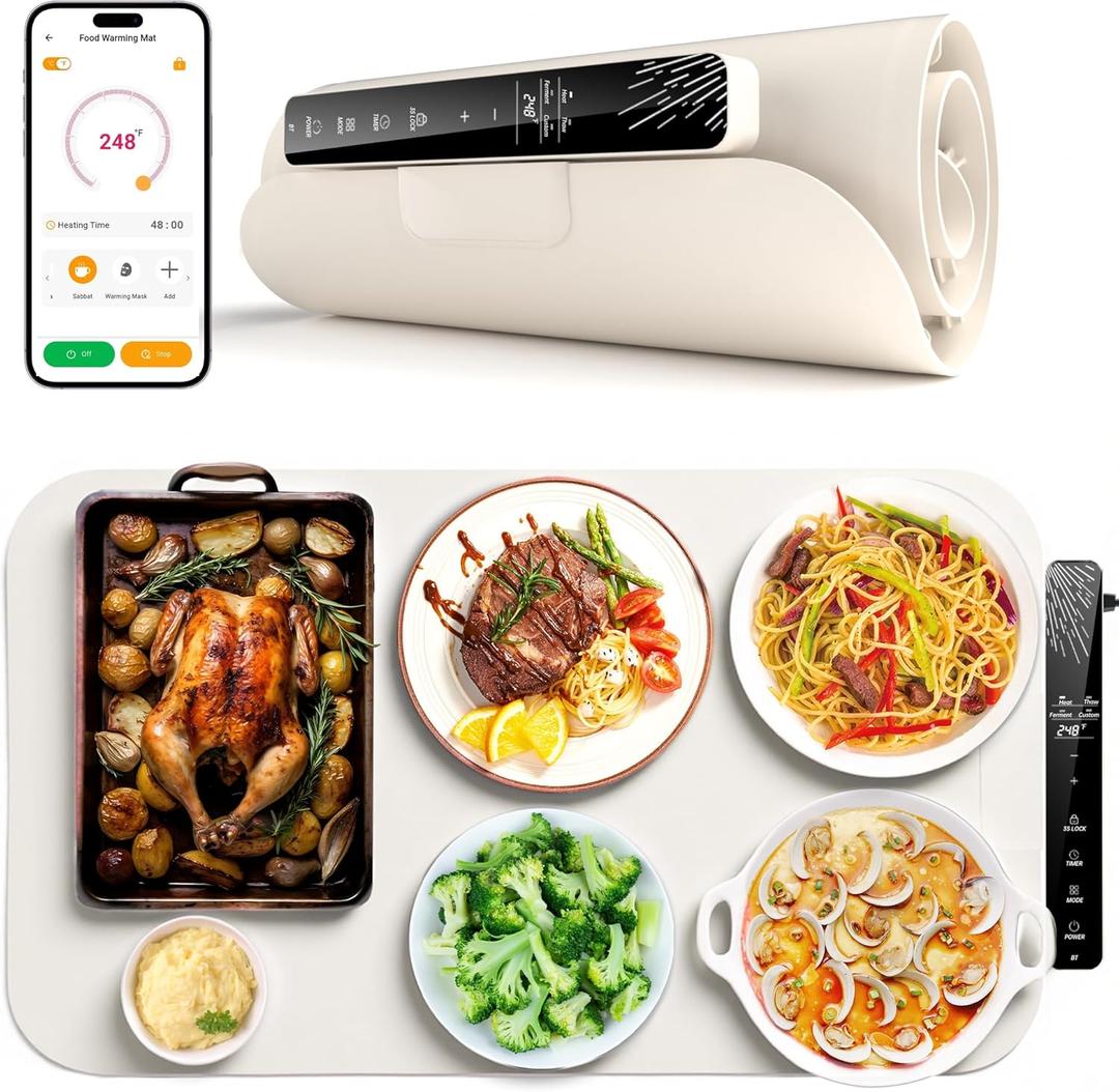 Monteka Warming Mat for Food 24.8"×15", Electric Warming Trays with APP & Button Control, Silicone Fast Heating Mat for Countertop, Rollable Dishwasher Safe Food Warmer for Parties Buffets Home Travel