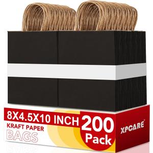 XPCARE 200Pack Paper Bags 8x4.5x10 Inch, Plain Medium Paper Bags with Handles Bulk, Kraft Paper Gift Bag, Retail, Party, Shopping, Favor Bag(Black)